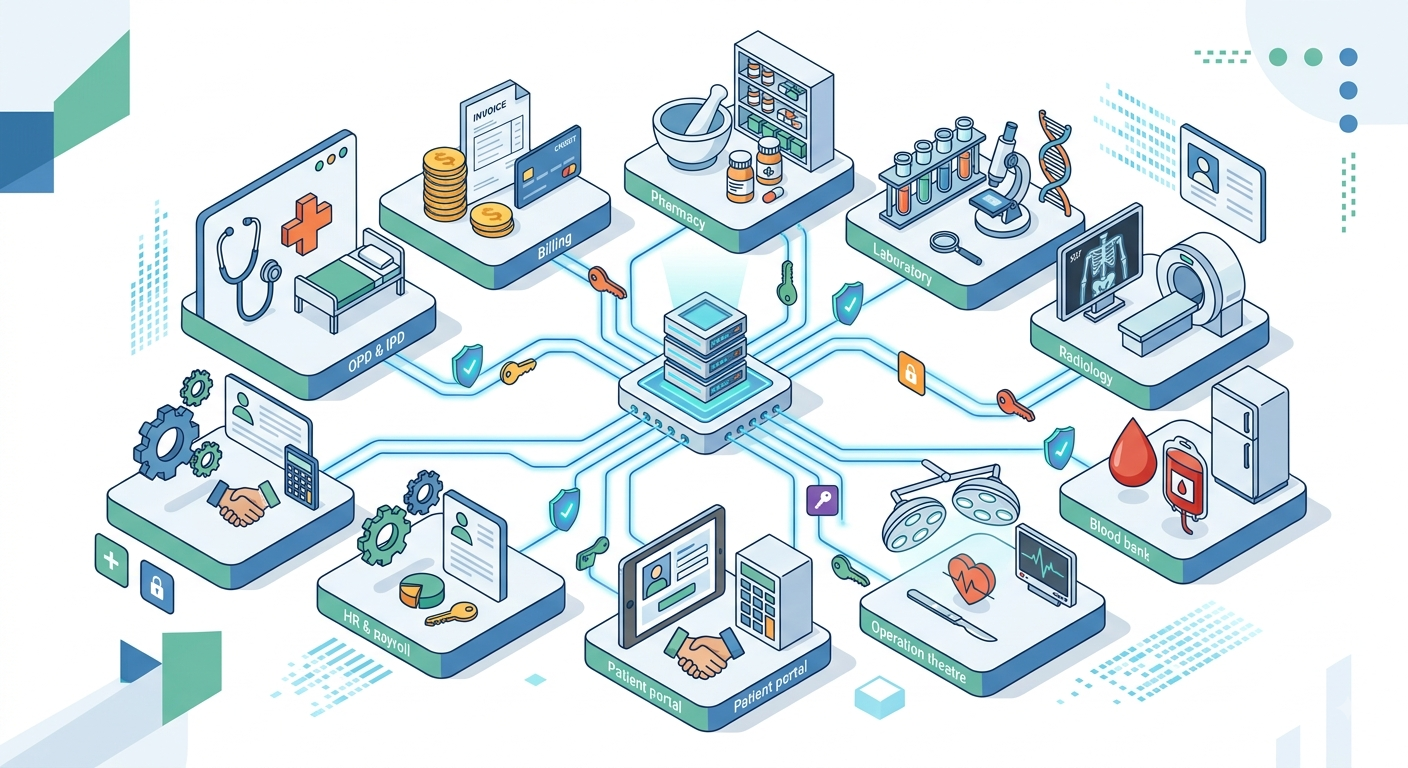 Diagram of Medyx HMS modules — OPD & IPD, Billing, Pharmacy, Laboratory, Radiology, Blood Bank, Operation Theatre, HR & Payroll, and Patient Portal — connected through a secure central system