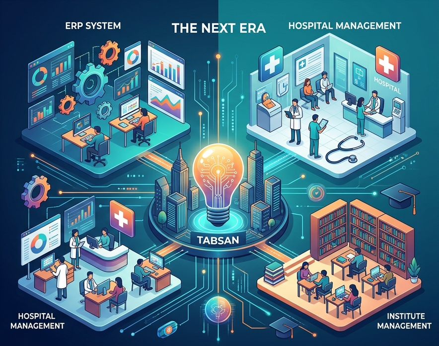 Tabsan: The Next Era — illustration of ERP System, Hospital Management, and Institute Management platforms