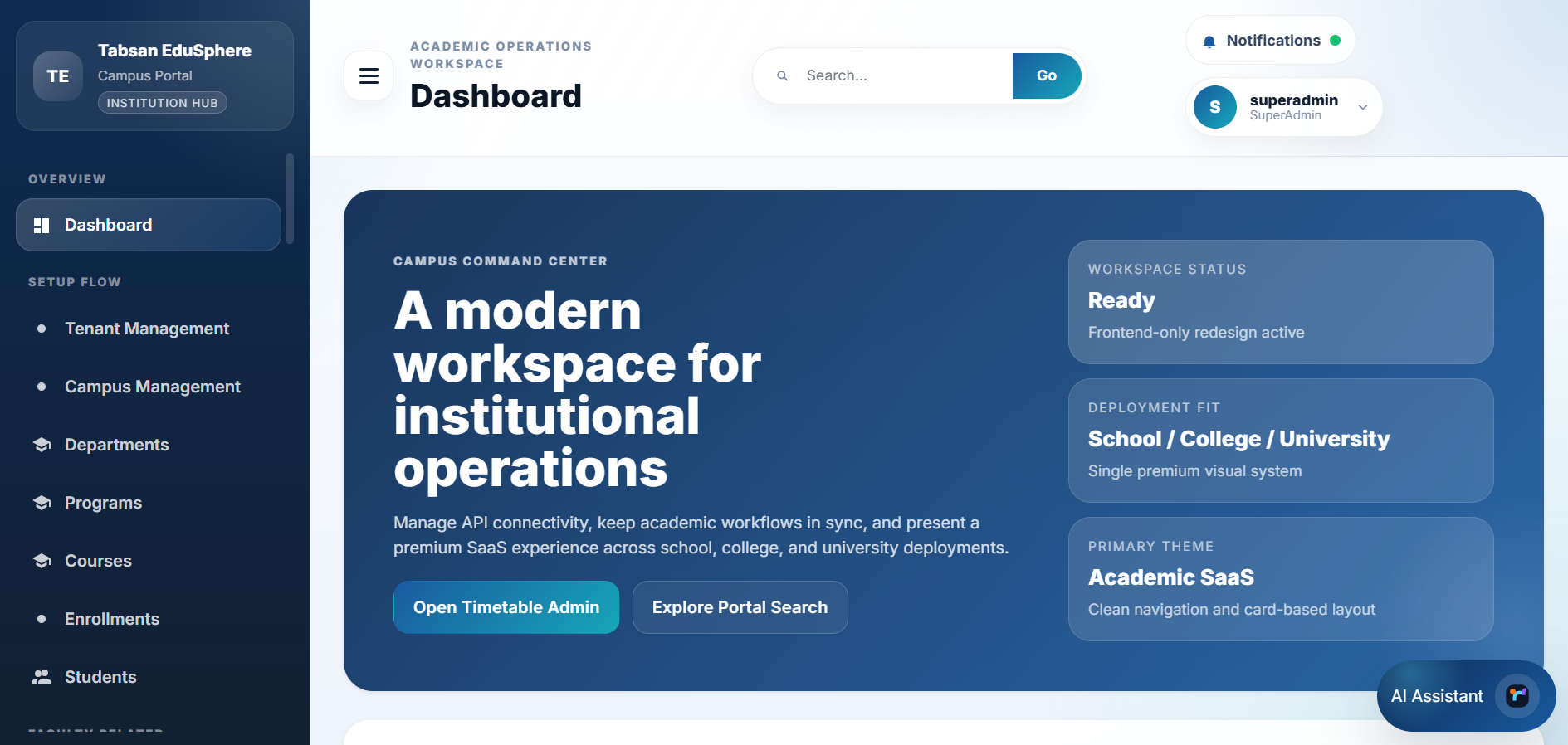 EduSphere dashboard showing workspace status, deployment fit, and campus command center