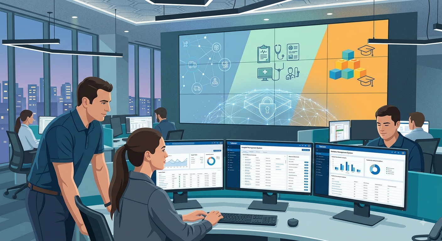 Tabsan team working across hospital management and institute management dashboards in a modern operations center